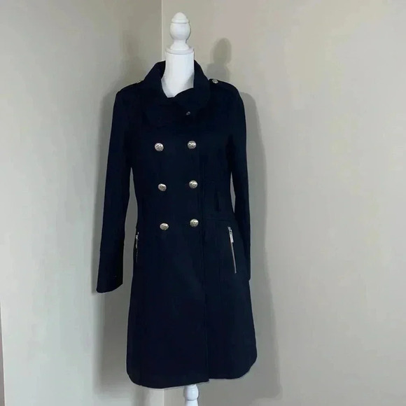 GUESS Women’s Double-Breasted Wool Blend Peacoat in Navy​​ - Picture 1 of 16